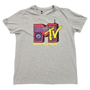 MTV Music Television Graphic T-Shirt Gray Boombox Logo Retro XL RN86947